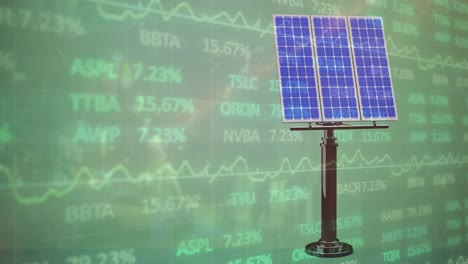 Animation-of-stock-market-over-solar-panel-on-green-background