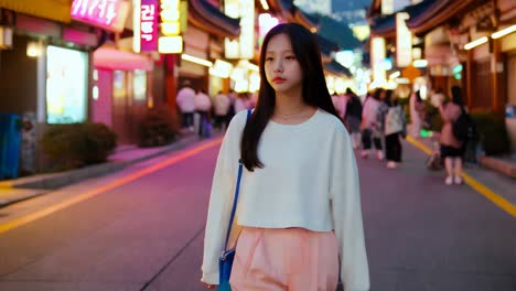 teen girl walking in a vibrant asian city at night