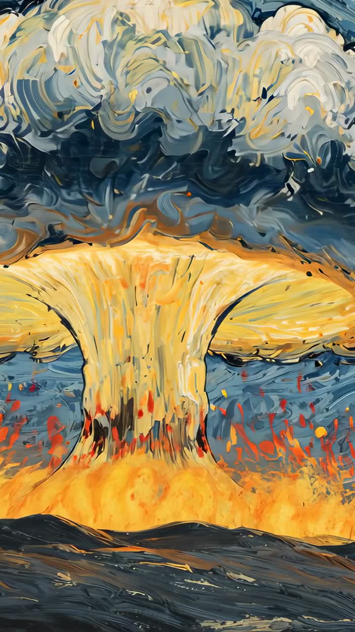 Vertical video: Rendering mushroom-cloud eruption rippling over dark horizon, with glowing embers