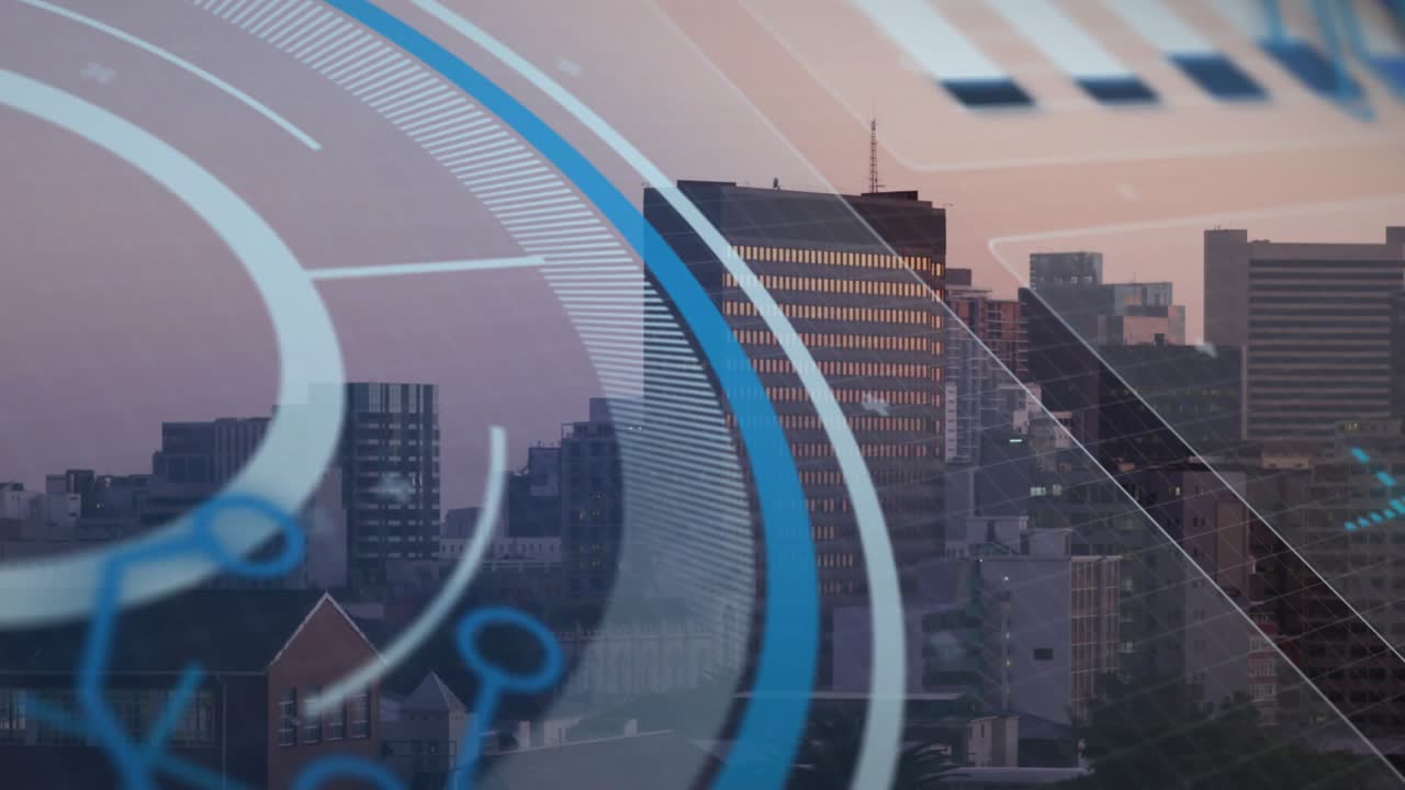 On start translucent blue HUD sweeping rightward, animating rings, lines to visualize urban data