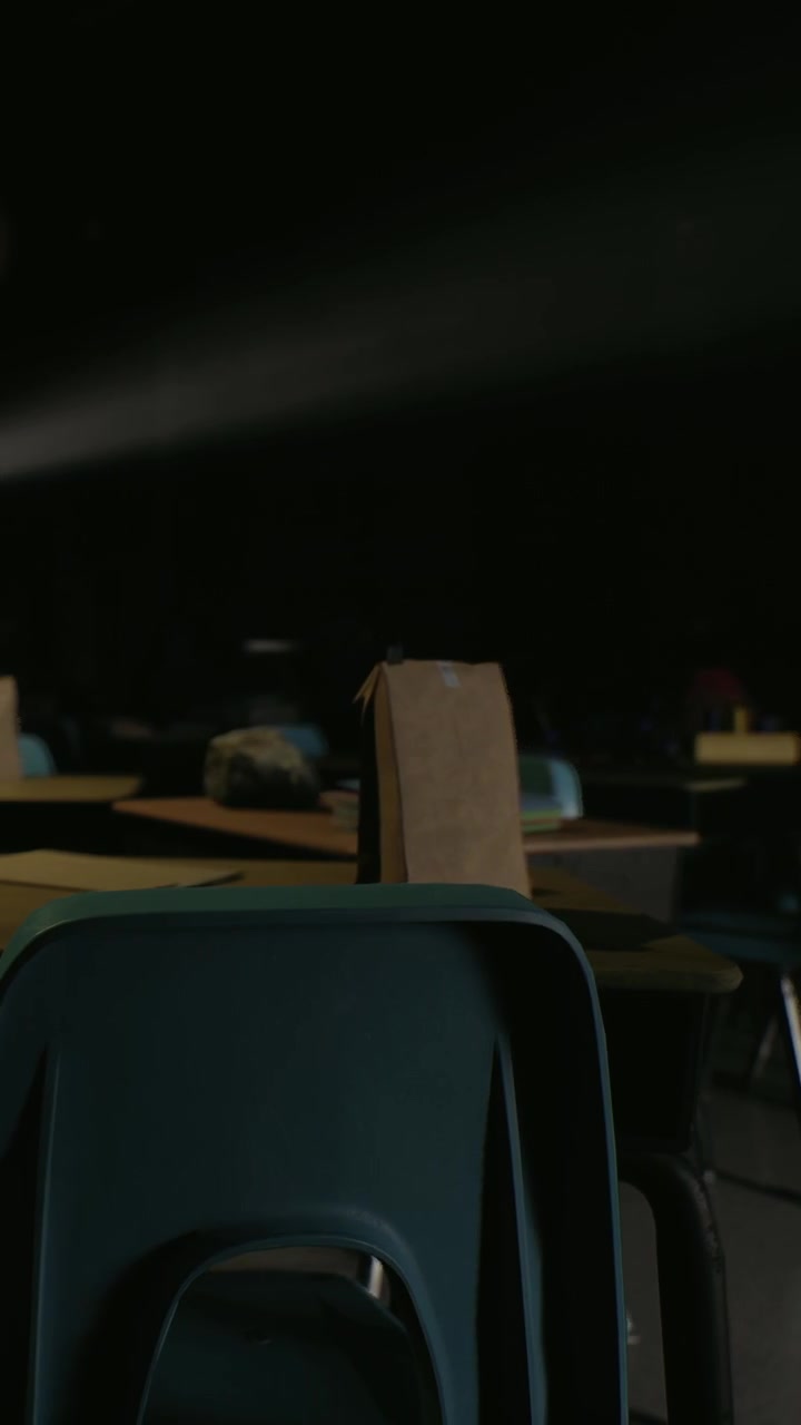 Un'aula vuota con sedie e banchi disposti per lo studio al tramonto.