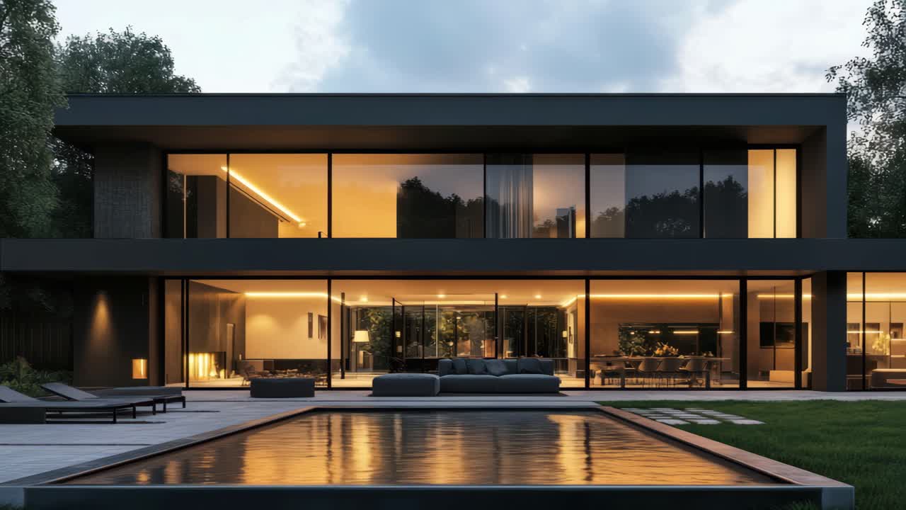 Modern luxury home exterior at dusk, captured from a low-angle