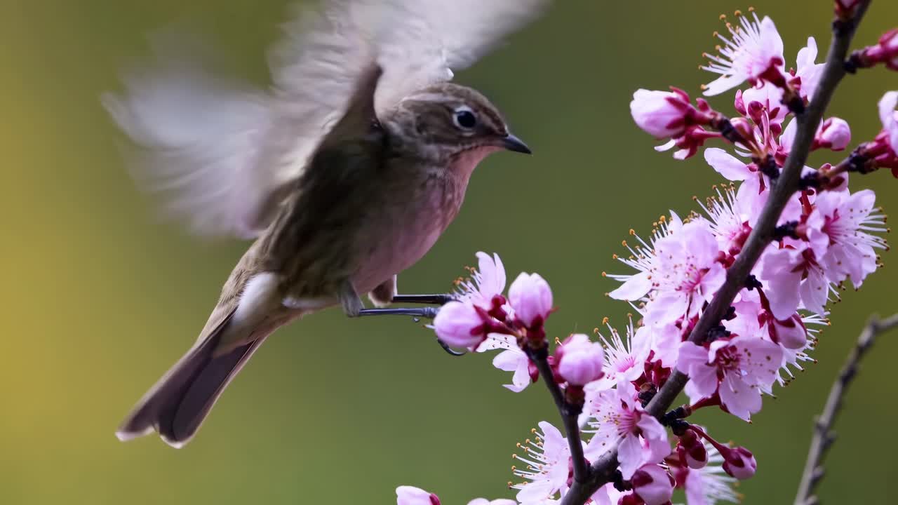 Close-up video of a bird in mid-flight, capturing delicate wings and vibrant pink blossoms