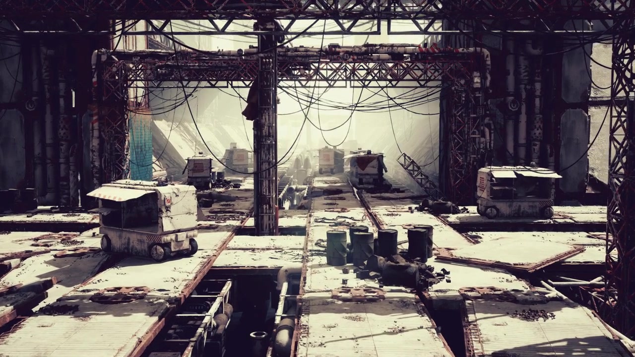 Deserted industrial zone featuring crates and distant cranes