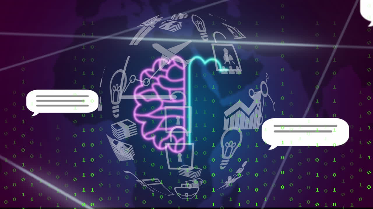 보라색 배경에 전 세계에 대한 채팅과 데이터 처리의 애니메이션