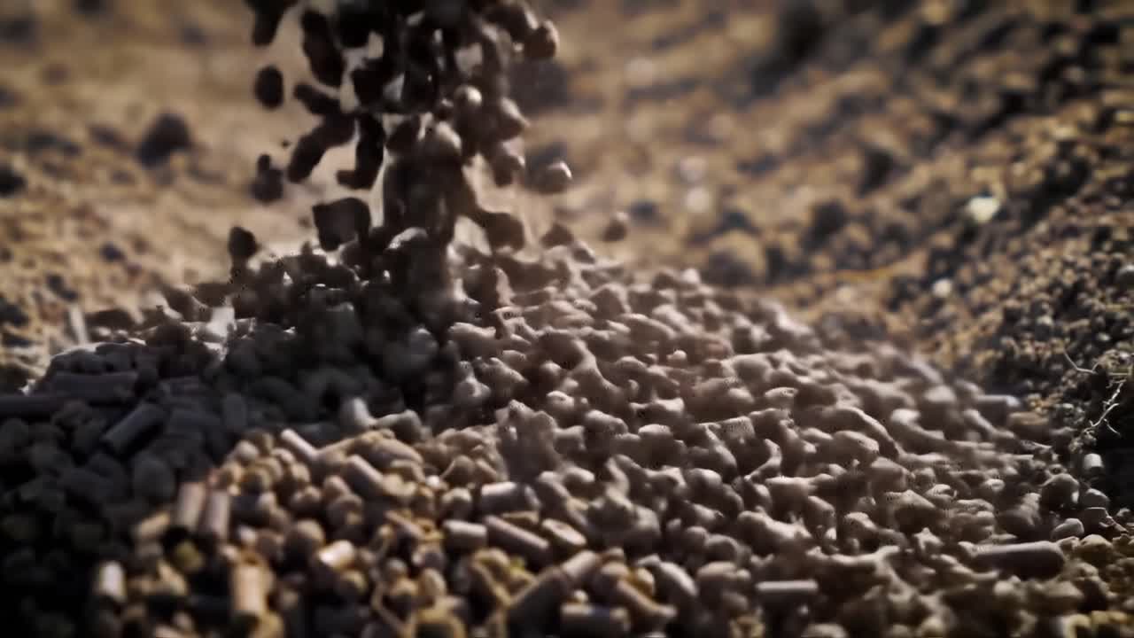 Close-Up Shots of Small Pellets Falling onto a Surface, Capturing the Textural Details and Movement of Granular Materials in a Natural Setting