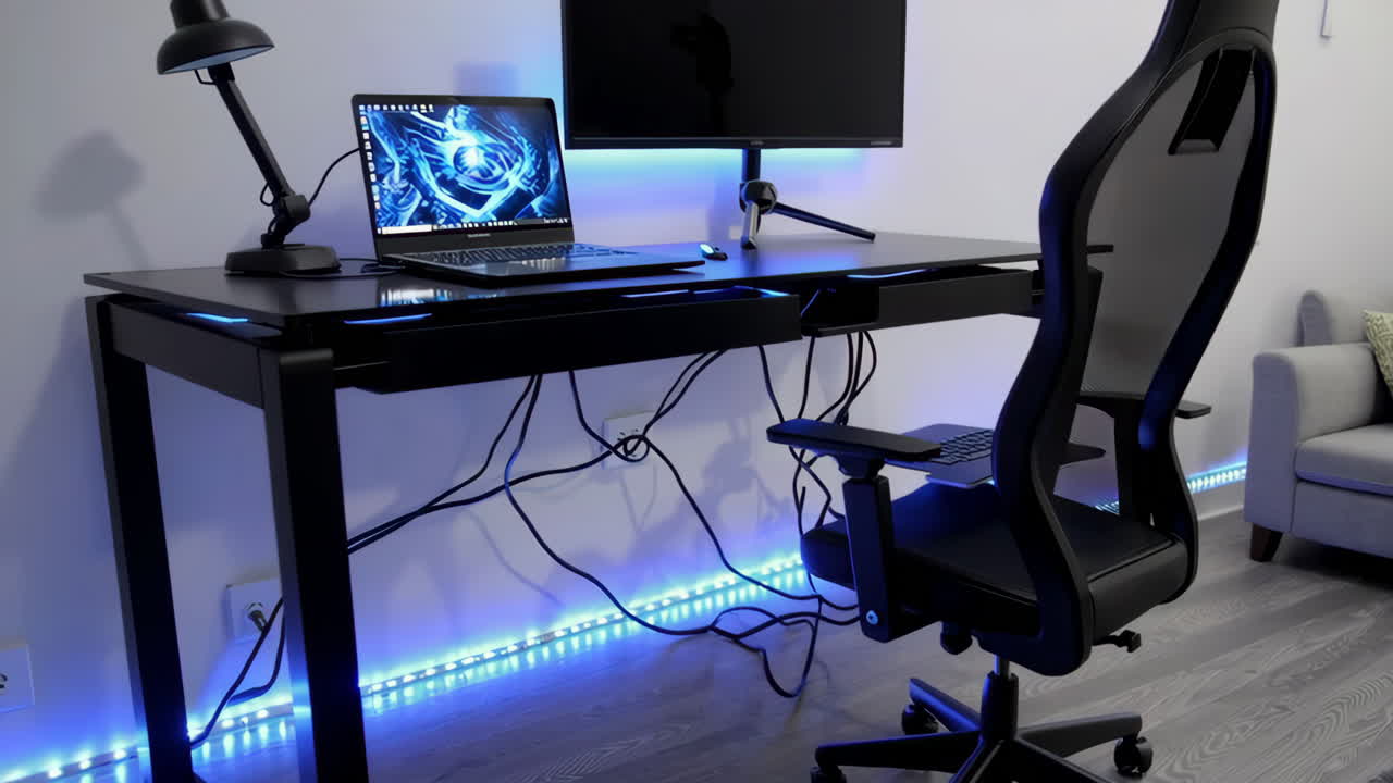 A gaming desk setup with blue LED lighting, featuring a laptop and chair