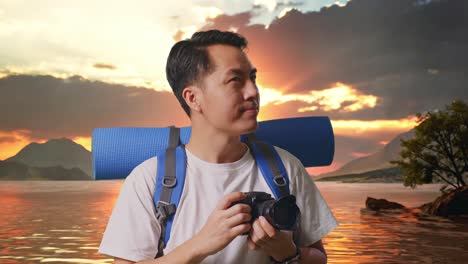 Close Up Of Asian Male Hiker With Mountaineering Backpack Holding A Camera In His Hands Then Looking Around At A Lake