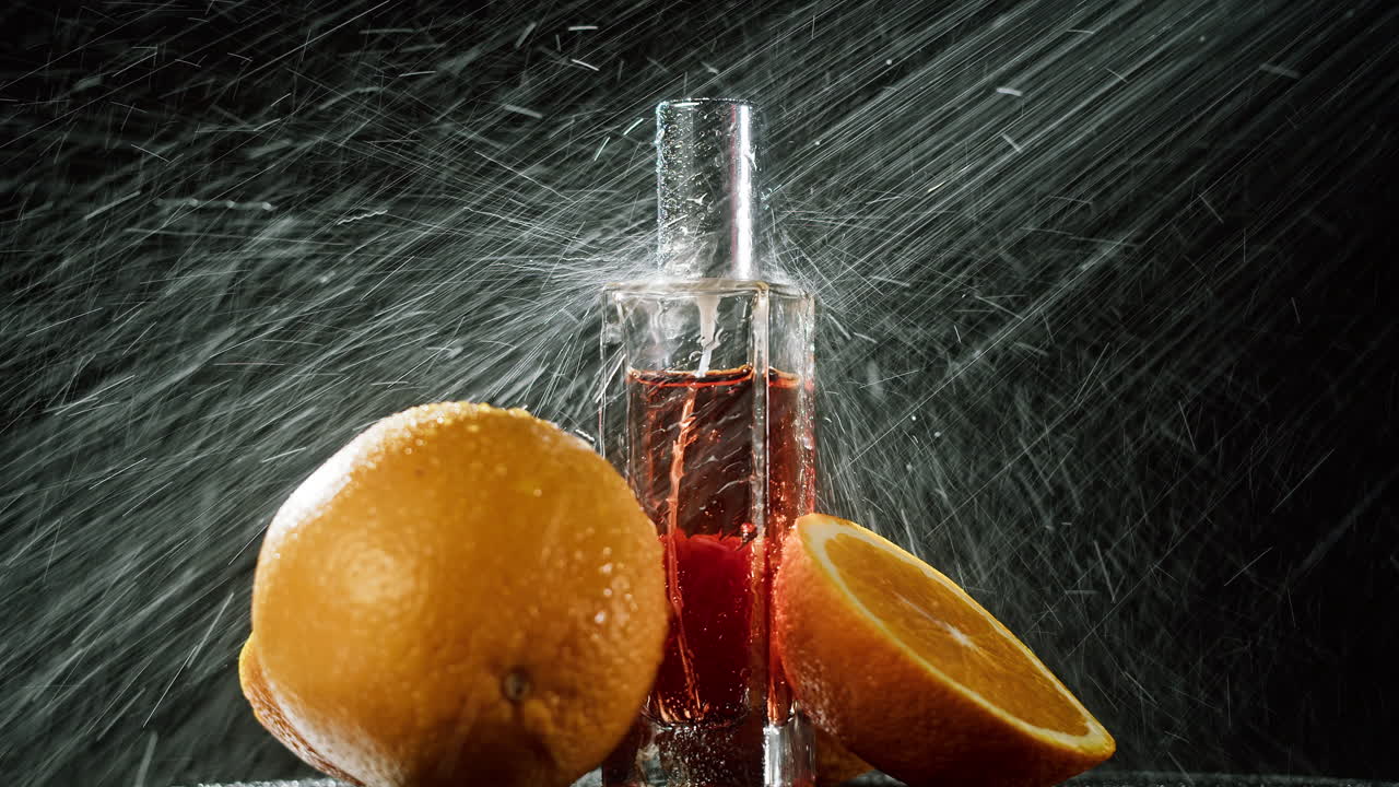 Flacone di profumo agli agrumi e arance fresche spruzzate con acqua