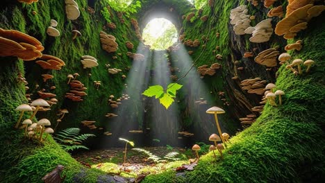 a bright illumination in an enchanting forest hollow surrounded by lush greenery and vibrant mushrooms, capturing nature's serenity and mystique