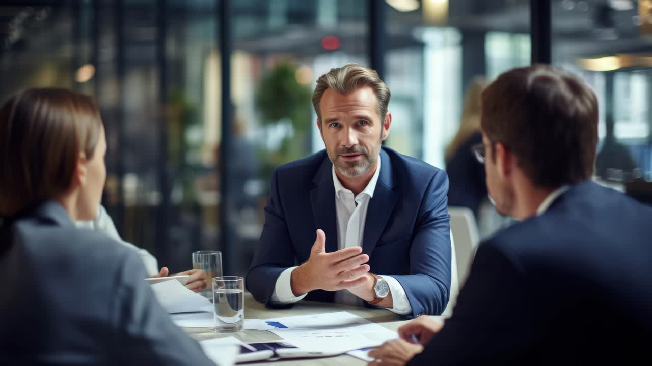 Scena di una riunione di lavoro con professionisti che discutono. Acquisito da una media angolazione, stile video