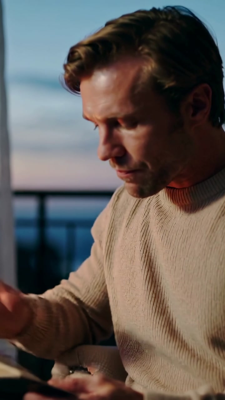 Vertical video: After glancing pages man in sweater sipping mug reading book balcony dusk resting