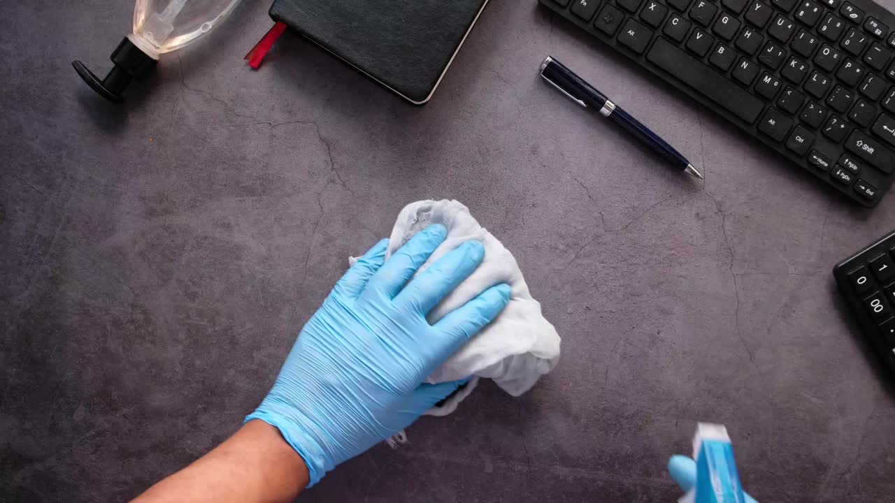 Limpando um espaço de trabalho com luvas e desinfetante