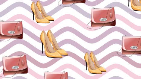 animación de tacones altos y bolso de mano repetido sobre fondo blanco