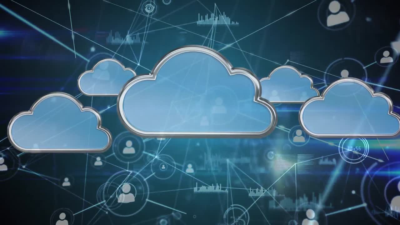 animación de nubes azules digitales sobre una red de conexiones con iconos de personas y procesamiento de datos