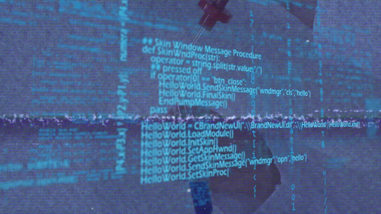 Code overlay appearing then human hand entering and grasping vial, rotating tilting revealing tip