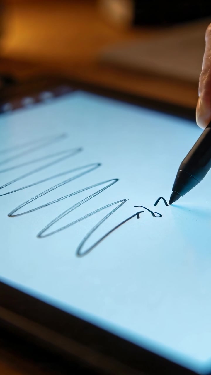 Vertical video: Tapping black stylus on tablet leading hand making zigzags on blue screen signing