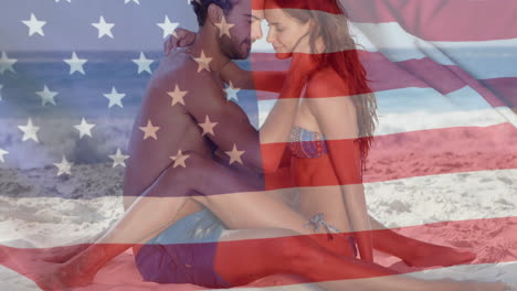 animation of flag of usa over caucasian couple in love on beach in summer