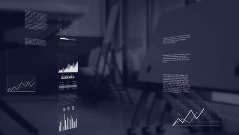 Animation-of-multiple-graphs,-data,-map,-loading-bar-and-circles-over-empty-office