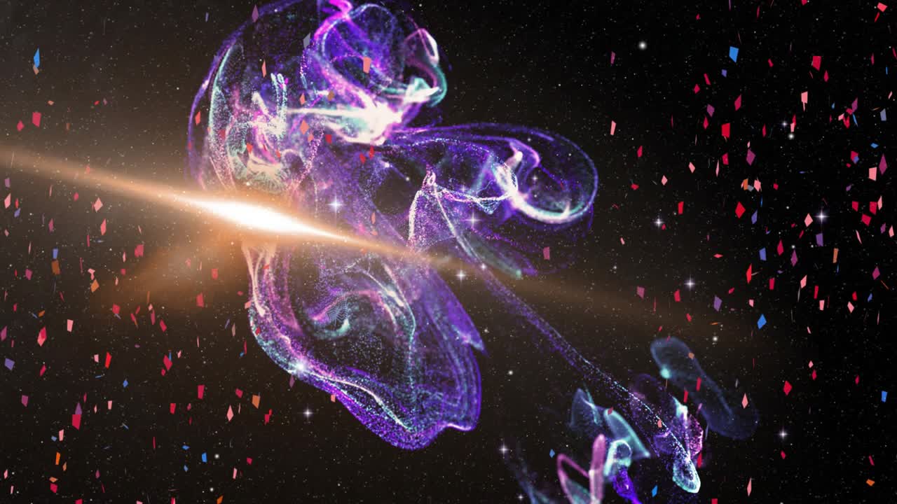 Purple nebula entering lower right, expanding, twisting while golden beam highlighting filaments