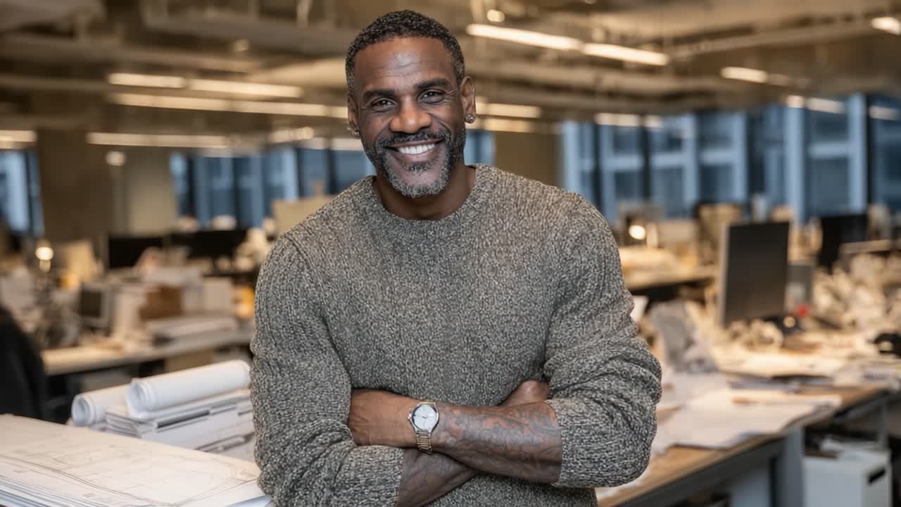 Confident Man Smiling in Modern Office Environment with Architectural Drafting Materials and Collaborative Workspace Design