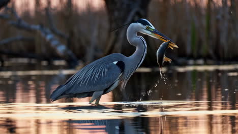 great blue heron catches a fish in a wetland