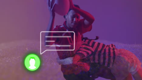 animación de iconos de los medios sobre diversas jugadoras de rugby que juegan