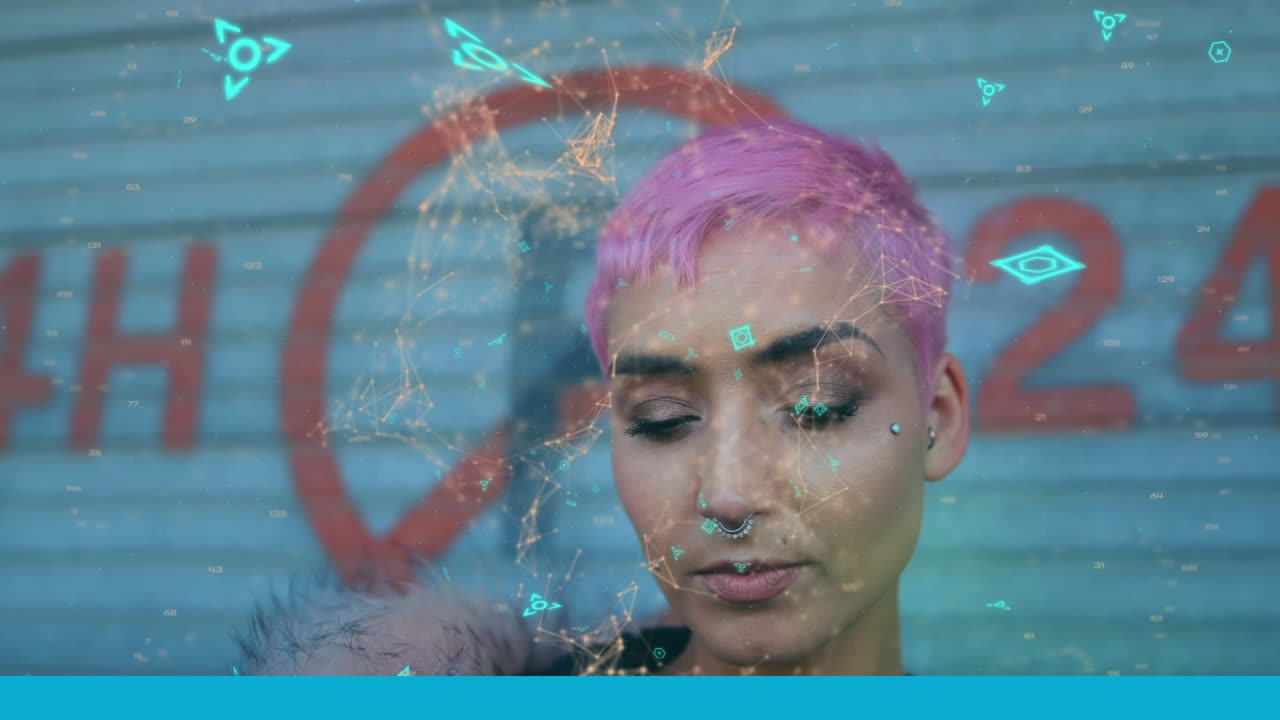 la animación de código rojo qr conecta digitalmente a la mujer en la calle con el teléfono inteligente.