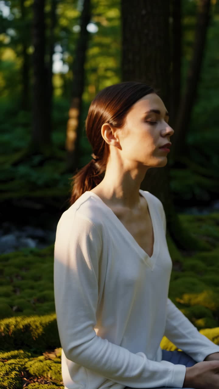 una mujer meditando en un bosque.