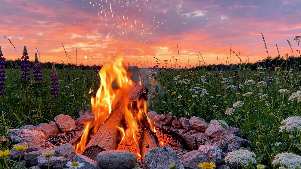 Una serena scena di falò contro un maestoso tramonto, circondata da fiori selvatici colorati in un rigoglioso campo verde, perfetta per il relax e la riflessione.