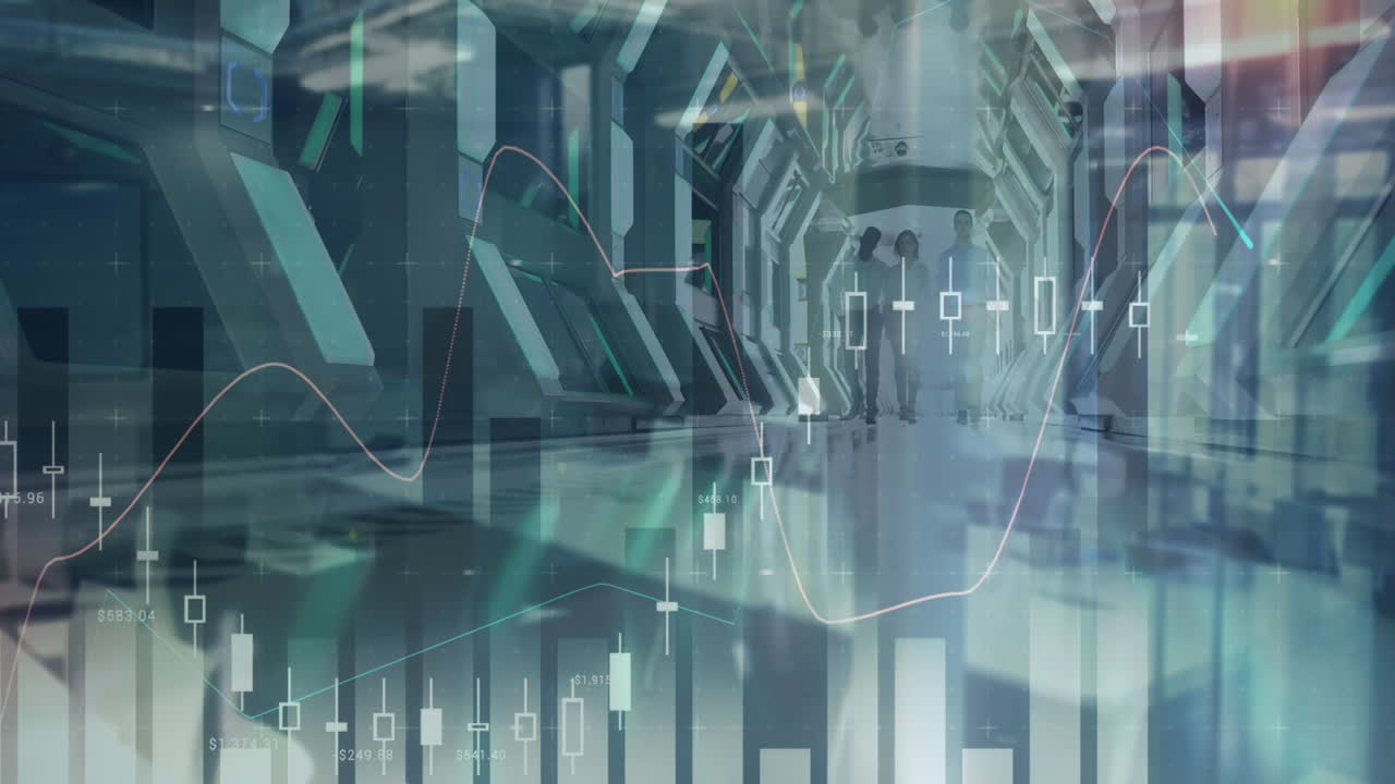 현대 사무실에서 걸어다니는 다양한 사업가들에 대한 금융 데이터 처리 애니메이션