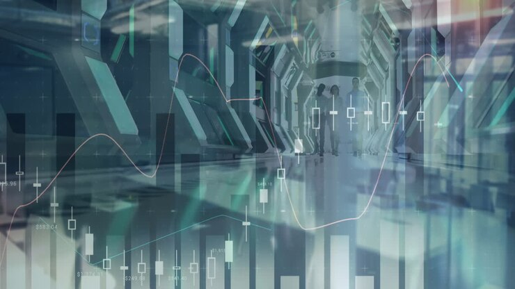 Animation of financial data processing over diverse business people walking in modern office