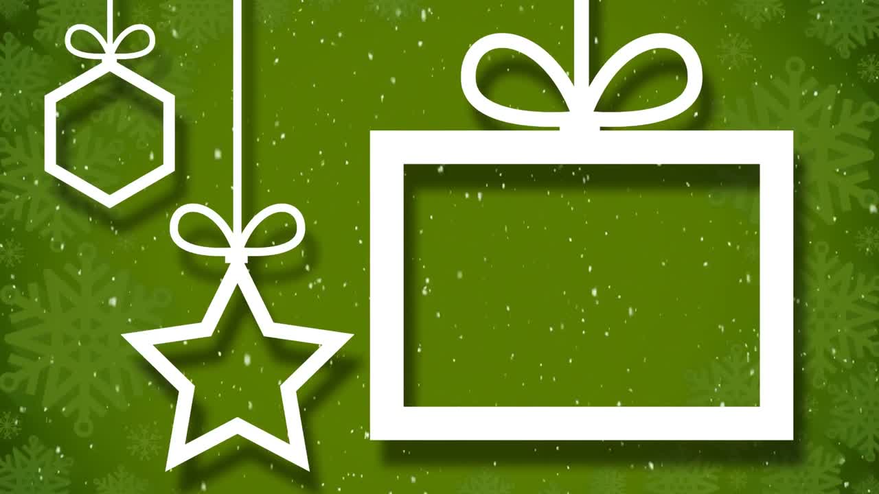 animación de copos de nieve cayendo sobre bolas blancas de navidad contorno sobre fondo verde