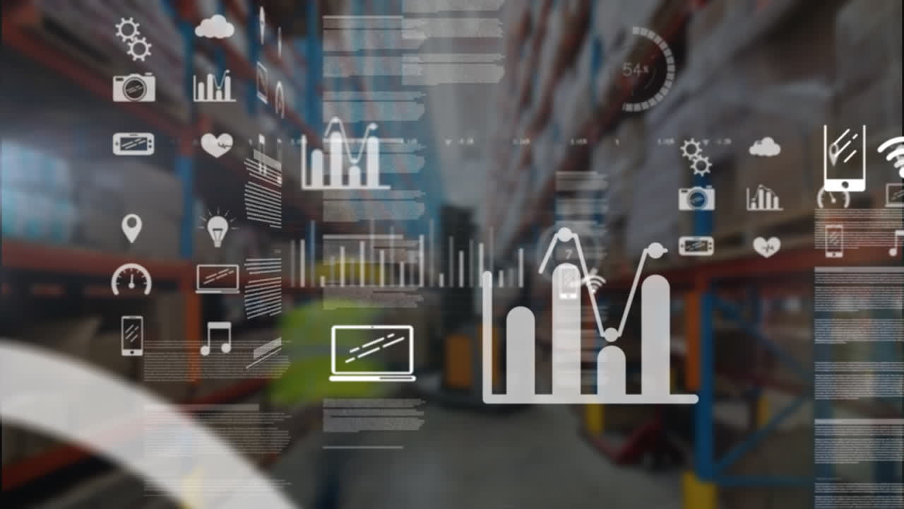 Animazione di interfaccia con elaborazione dati su sfondo di magazzino