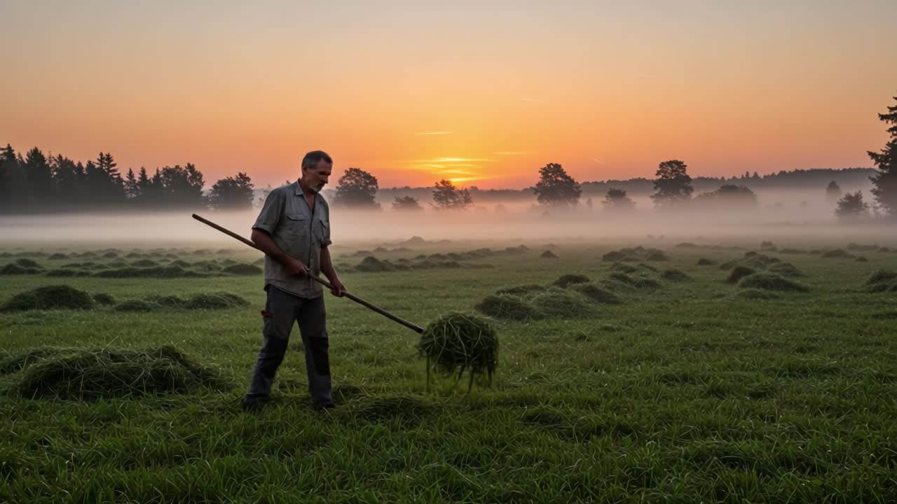 Serene Morning Harvest: A Farmer Collects Fresh Hay Under the Colorful Dawn Sky While Fog Gently Lingers Over the Fields