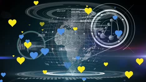 Animation-of-blue-and-yellow-hearts-over-globe-and-data-processing-on-black-background