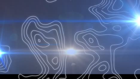 Animation-of-topographic-map-lines-moving-and-glowing-light-on-blue-background