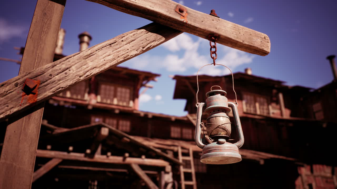 Rustic lantern hanging near wooden structure in a sunny outdoor setting