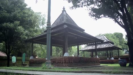 wooden pavilion architecture of the inner court of ancient old palace of keraton kasepuhan cirebon, west java, indonesia