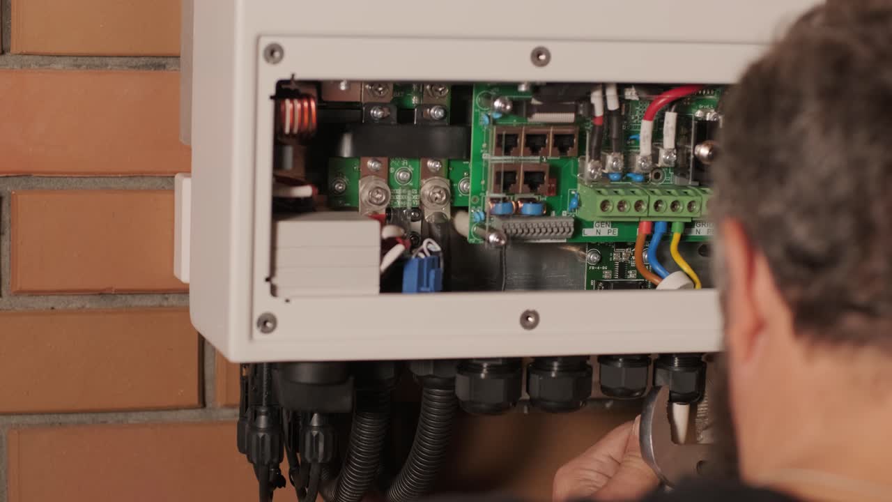 un electricista instalando un inversor en un hogar. la imagen muestra habilidad técnica, herramientas modernas y atención a la seguridad en el trabajo eléctrico