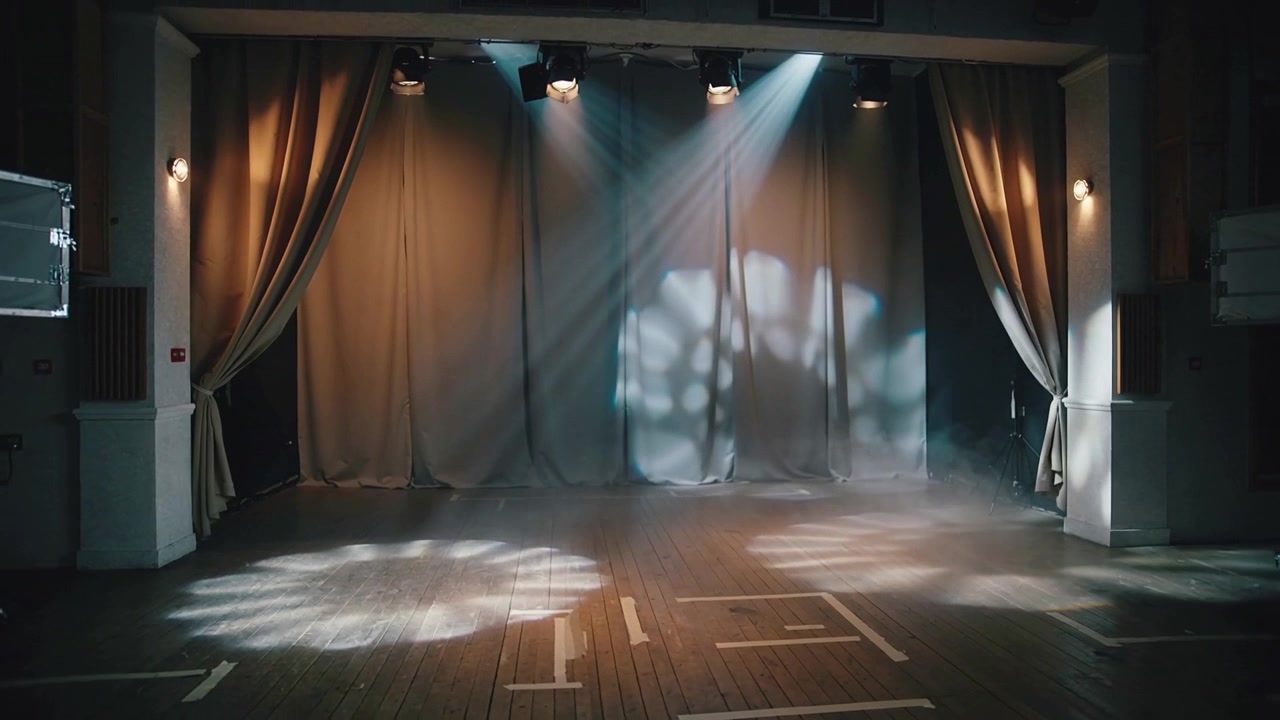 Lighting cue starting center curtains glowing at theater, gobos shifting in haze, preparing show