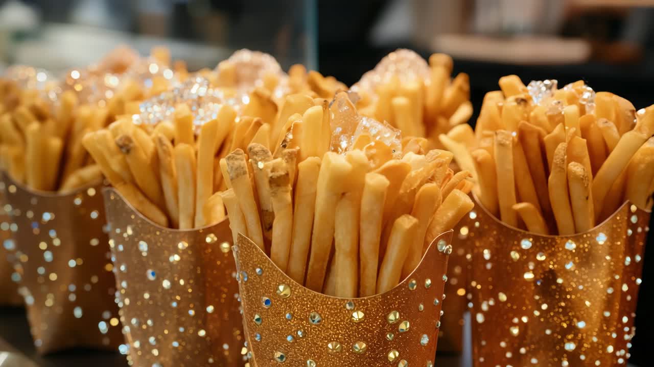 Gourmet golden takeaway containers showcasing crispy french fries with luxurious food presentation, capturing restaurant style appetizer styling against pristine background