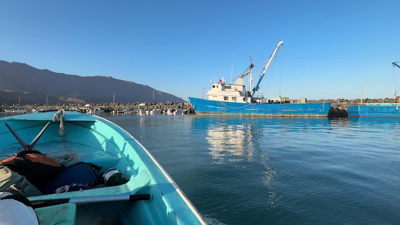 POV of driving into a harbor past large boats and fishing vessels on a sunny day
