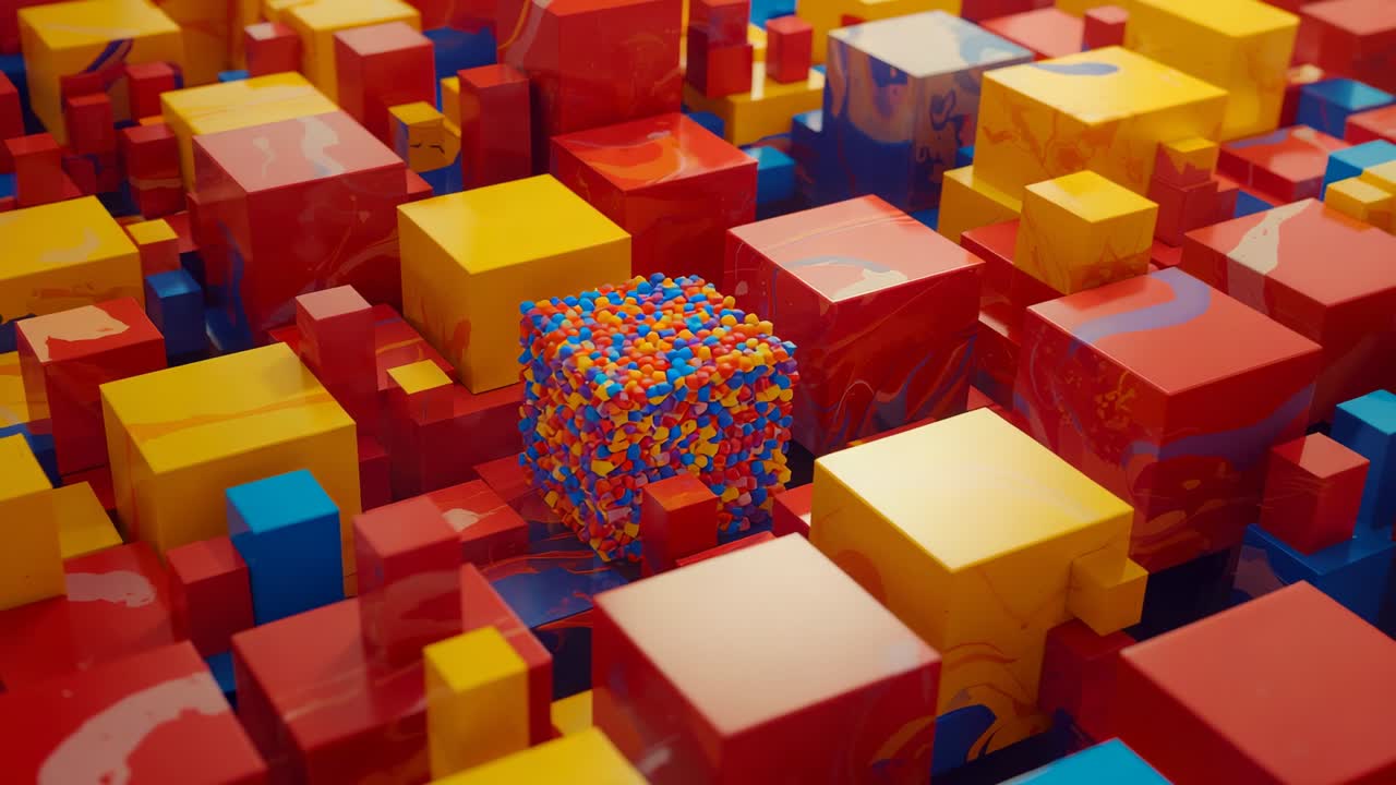 Orbiting camera zooming around central sphere-made cube, highlighting primary blocks on dark base