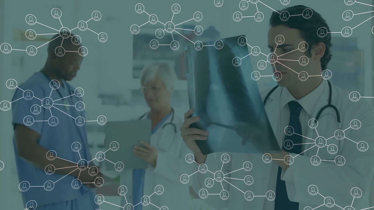 Medical team reviewing X?ray and tablet in hospital corridor, highlighting network node connections