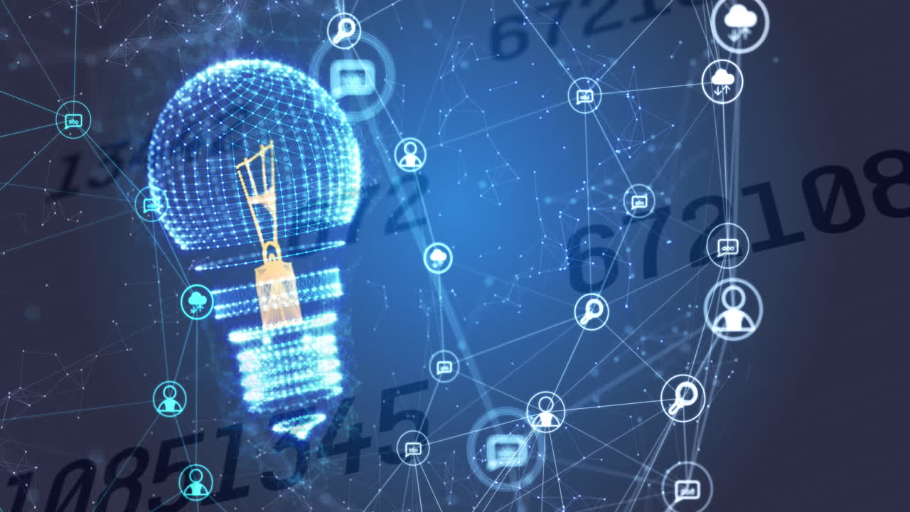 다중 변하는 숫자에 대항하여 전구에 대한 디지털 아이콘 네트워크의 애니메이션