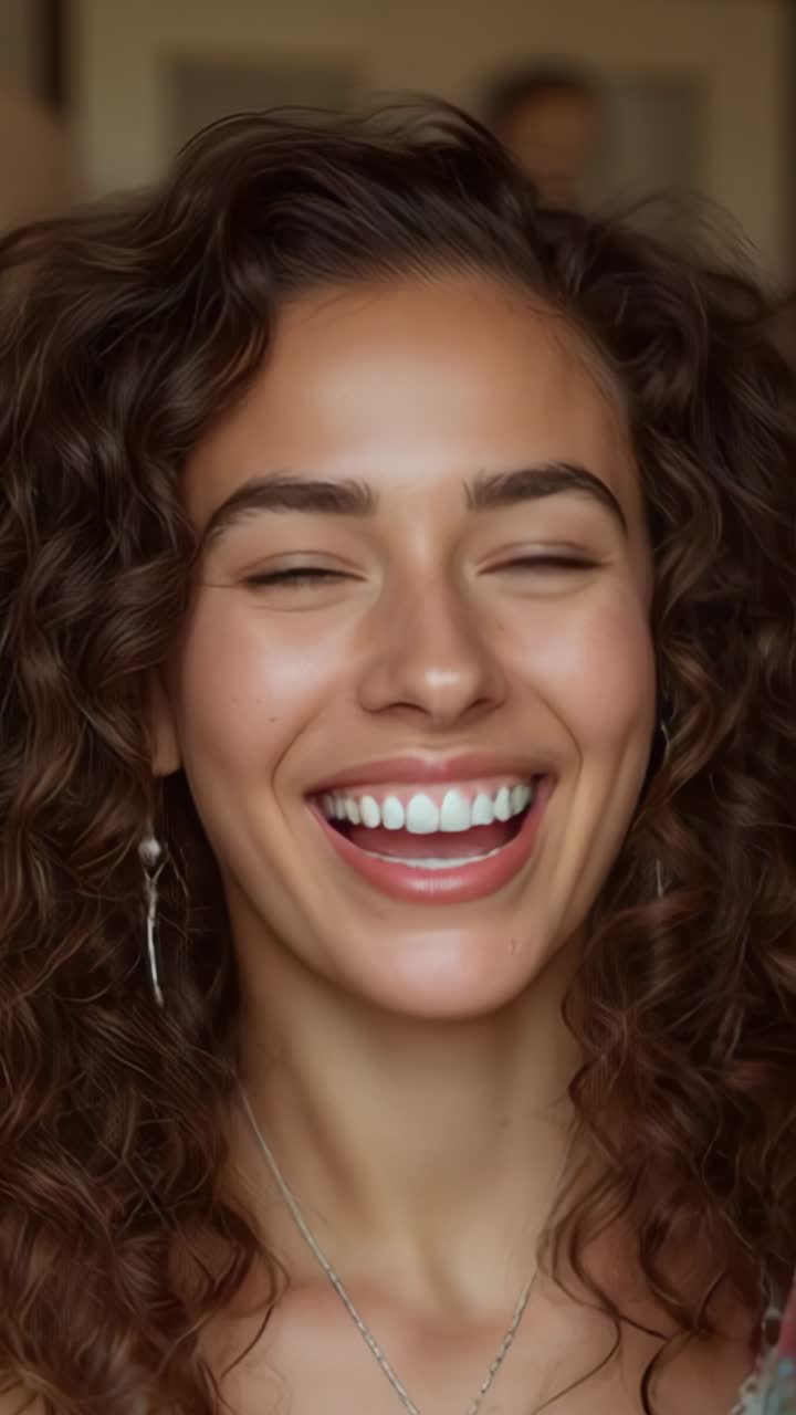 Vertical video: Making eye contact, woman smiling and laughing in room with earrings, necklace