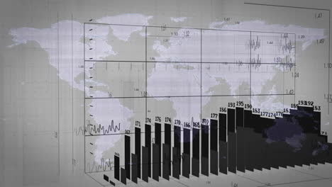 animation of bar graph and line chart illustrating data trends on world map