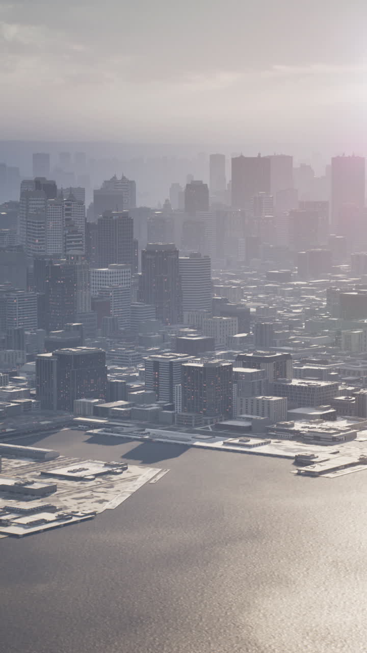 안개 가 많은 날 에 도시 의 스카이 라인 을 공중 에서 볼 수 있다