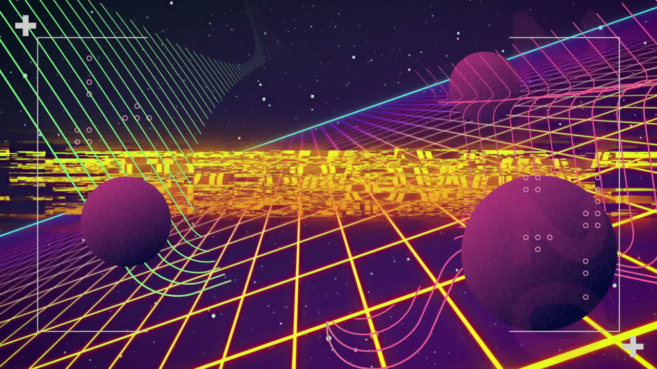 Animation of neon retrowave text with grid and spheres in digital landscape